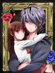  1boy 1girl age_difference arms_around_neck blue_eyes blue_rose brown_hair carrying flower frame garry_(ib) hair_over_one_eye ib ib_(ib) purple_hair red_eyes red_rose rose tegaki 