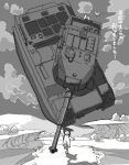  arm_up bird carrying child cloud clouds dress military military_vehicle monochrome nao-08 original outstretched_arm pigeon scenery sky smile solo surreal tank translated twintails vehicle 