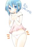  blue_eyes blue_hair blush bow camisole caught crossed_legs_(standing) hair_ornament hands_on_own_chest looking_at_viewer mahou_shoujo_madoka_magica miki_sayaka navel no_pants off_shoulder panties ri_04xx short_hair simple_background skindentation standing strap_slip underwear white_background 