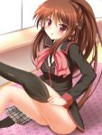  :o bell black_legwear blush brown_hair hair_bell hair_ornament leg_up little_busters!! long_hair looking_at_viewer natsume_rin pink_hair ponytail school_uniform single_thighhigh sitting skirt skirt_removed solo takataka thigh-highs thighhighs 