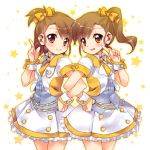  :d blush bow brown_hair ech futami_ami futami_mami hair_bow heart idolmaster locked_arms long_hair multiple_girls open_mouth outline siblings side_ponytail sisters skirt smile solo star wrist_cuffs 