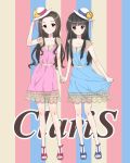  black_hair blue_eyes brown_eyes character_name claris claris_(group) collarbone contemporary dress english fashion hand_holding hat holding holding_hands holding_hat mizuta_mari multiple_girls sandals skirt skirt_hold smile straight_hair striped striped_background vertical_stripes wavy_hair 