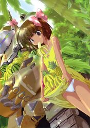  absurdres banana brown_eyes brown_hair caterpillar_tracks copyright_request dress dutch_angle english food food_in_mouth fruit highres komatsu_e-ji komatsu_eiji mecha melon panties pineapple possible_duplicate skirt skirt_basket skirt_lift underwear watermelon white_panties 