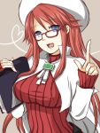  aty blue_eyes book brooch glasses hat heart jewelry nuana open_mouth pointing red-framed_glasses red_hair redhead solo summon_night summon_night_3 sweater taut_shirt turtleneck 