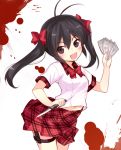  :d antenna_hair black_eyes black_hair blush bow character_request copyright_request fang hair_bow knife looking_at_viewer minamura_haruki money navel open_mouth plaid plaid_skirt sketch skirt smile solo thigh_strap twintails 