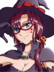  alvares blue_eyes breasts brown_hair bust cape character_name cleavage costume facial_mark glasses halloween hat hat_ribbon long_hair makinami_mari_illustrious neon_genesis_evangelion rebuild_of_evangelion ribbon simple_background smile solo star white_background witch_hat 