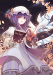  animal_ears book capelet crescent dress hat long_hair looking_at_viewer open_book patchouli_knowledge purple_eyes purple_hair rain_lan solo striped striped_dress touhou vertical_stripes violet_eyes 