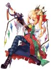  1girl alternate_costume argyle argyle_legwear black_legwear blonde_hair bow crown flandre_scarlet hair_bow high_heels lance long_hair looking_at_viewer pantyhose polearm red_eyes shoes side_ponytail simple_background solo touhou tsurukame weapon white_background wings 