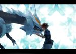  bag brown_hair claws closed_eyes dragon eyes_closed horns hug jacket kyouhei_(pokemon) kyouichi kyurem letterboxed monster pokemon pokemon_(game) pokemon_bw2 sharp_teeth short_hair smile spikes visor_cap watch wristwatch 