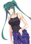  1girl aqua_eyes aqua_hair bare_shoulders bell blue_eyes breasts clothed_navel collarbone cui_yifei dog_tags eyebrows_visible_through_hair female hair_ornament ishigaki_takashi medium_breasts muvluv muvluv_alternative muvluv_total_eclipse navel solo tank_top twintails white_background 