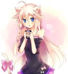  :o ahoge animal_ears bad_id bare_shoulders blush braid cat_ears cat_tail cup dress fang holding ia_(vocaloid) kemonomimi_mode long_hair moe_on_drop pink_hair simple_background single_braid solo tail tail_bow vocaloid white_background 