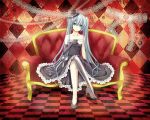  1girl absurdres aqua_eyes aqua_hair argyle argyle_background bare_shoulders checkered checkered_floor collarbone couch crossed_legs cup dress elbow_gloves furniture gloves hat hatsune_miku head_tilt high_heels highres long_hair mil2 mini_top_hat shoes single_elbow_glove single_glove single_thighhigh sitting solo teacup thigh-highs thighhighs top_hat twintails vertical-striped_legwear vertical_stripes very_long_hair vocaloid 