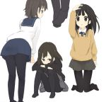  :o black_hair blush brown_hair child face feet kneeling long_hair nasuna pantyhose school_uniform skirt sulking sweater 