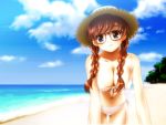  bikini blue_eyes braid breasts brown_hair cleavage front-tie_top glasses hat large_breasts leaning_forward original side-tie_bikini solo soshina_nohito straw_hat swimsuit twin_braids 