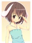  amaa_(chou_dennou_jidai) bad_id bare_shoulders brown_eyes brown_hair bunny_ears child flat_chest halterneck inaba_tewi rabbit_ears salute short_hair smile solo touhou 
