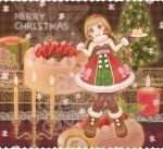 boots braid brown_hair cake candle christmas food fork gloves hairband happy inase long_hair pantyhose pastry santa_costume twin_braids 