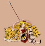  hair_ornament highres myama polearm shawl short_hair simple_background sleeping solo spear tiger toramaru_shou touhou weapon 