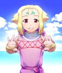  blush bridal_gauntlets cat&#039;s_cradle cat's_cradle cloud facial_mark fiona_(zoids) flat_chest forehead_mark hair_ribbon hands outdoors red_eyes ribbon sash short_hair sky smile solo standing turtleneck ueyama_michirou water zoids zoids_chaotic_century 