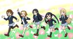  akiyama_mio doraemon fujiko_f_fujio_(style) hair_ornament hairband hairclip hirasawa_yui k-on! kneehighs kotobuki_tsumugi leg_lift lineup long_hair multiple_girls nakano_azusa pantyhose parody pointing running school_uniform short_hair skirt socks style_parody tainaka_ritsu twintails ueyama_michirou waving wink 