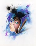  fudegamijp green_eyes heterochromia ink multicolored_hair paint paintbrush purple_eyes violet_eyes 