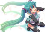  detached_sleeves green_eyes green_hair hands_on_headphones hatsune_miku headphones headset long_hair looking_up microphone petals squatting thigh-highs thighhighs twintails vocaloid 