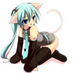  all_fours amakara_surume animal_ears aqua_eyes aqua_hair bad_id bottomless cat_ears cat_tail detached_sleeves hatsune_miku kemonomimi_mode long_hair necktie simple_background smile solo surume_(pixiv3908) tail thigh-highs thighhighs twintails very_long_hair vocaloid zettai_ryouiki 