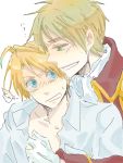  2boys ahoge america_(hetalia) axis_powers_hetalia blonde_hair blue_eyes collar cravat eye_contact gloves green_eyes open_shirt smile tears translation_request united_kingdom_(hetalia) 