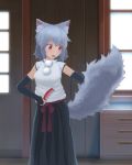  1girl animal_ears combing detached_sleeves fang highres inubashiri_momiji nagomitakuri red_eyes short_hair silver_hair solo tail touhou wolf_ears wolf_tail 