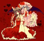  :q bad_id bat_wings brown_hair detached_sleeves dress floating frills hair_ribbon hakurei_reimu hat hat_ribbon heart lavender_hair legs multiple_girls pink_eyes remilia_scarlet ribbon short_hair short_sleeves socks tongue touhou wide_sleeves wings yukirar 