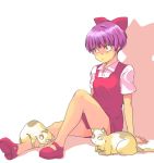  blush brown_eyes cat gegege_no_kitarou hair_ribbon legs nekogasuki nekomusume purple_hair ribbon short_hair sitting 