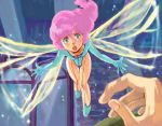  aura_battler_dunbine cham_fau fairy flying green_eyes hands leotard long_hair minigirl oldschool open_mouth pink_hair wings 