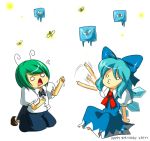  antennae artrica barefoot blue_hair bow cape cirno d: english firefly frozen green_hair hair_bow ice lowres multiple_girls o3o o_o touhou wings wriggle_nightbug 