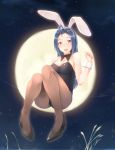  bad_id bare_shoulders blue_hair breasts bunny_ears bunnysuit full_moon idolmaster miura_azusa moon pantyhose rabbit_ears taupe_pantyhose yuki_usagi_(mofurafu) 