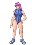  blue_eyes closed_mouth long_hair orionxxx purple_hair shoes swimsuit 