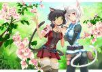  animal_ears ass black_hair character_request final_fantasy final_fantasy_xi final_fantasy_xiv flower green_eyes hand_holding holding_hands miqo&#039;te miqo'te mitsuk multiple_girls nature red_eyes tail thigh-highs thighhighs white_hair zettai_ryouiki 