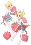  blonde_hair blue_eyes food fruit holding holding_fruit kagamine_len kagamine_rin overalls poco24 short_hair siblings strawberry thigh-highs thighhighs twins vocaloid 