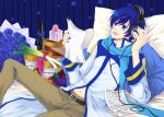  blue_eyes blue_hair bottle bouquet crodire eggplant flower food headphones ice_cream kaito male rose scarf sheet_music sitting solo spring_onion vocaloid 
