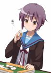  cardigan dutch_angle mahjong nagato_yuki playing_games purple_hair school_uniform short_hair suzumiya_haruhi_no_yuuutsu translation_request youkan 