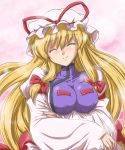  blonde_hair bow breasts bursting_breasts flx hat large_breasts long_hair smile solo touhou yakumo_yukari 