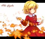 blonde_hair character_name half_updo leaf leaves looking_at_viewer maple_leaf smile solo tona_(nekotte) touhou yellow_eyes 