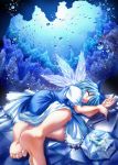  blue blue_hair bow bubbles cirno dress fairy feet female fish forest frog lake light short sleeping sui touhou wings 