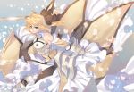  armored_dress blonde_hair blue_eyes dress fate/stay_night fate/unlimited_codes fate_(series) hair_ribbon long_hair petals ponytail ribbon saber saber_lily solo sword tenkuu_sphere weapon 