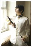  axis_powers_hetalia black_hair bob_cut cosplay japan_(hetalia) japan_(hetalia)_(cosplay) military_uniform photo sword unsheathing window 