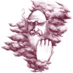 azelye bad_id clenched_hand cloud clouds eyebrows facial_hair fist graphite_(medium) hane_(azelye) highres male monochrome mustache solo touhou traditional_media unzan 