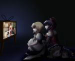  cap cosplay dark hakurei_reimu hakurei_reimu_(cosplay) kirisame_marisa leg_hug parody screencap television touhou watching_television yukkuri_shiteitte_ne 