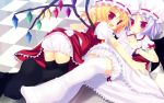  bat_wings black_legwear blonde_hair bloomers checkered checkered_floor feet flandre_scarlet flat_chest hat lavender_hair lying meito_(maze) multiple_girls on_floor red_eyes remilia_scarlet short_hair siblings sisters skin_fang thighhighs touhou white_legwear wings 