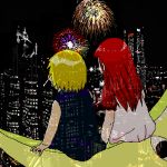  blonde_hair city dress fireworks gash_bell konjiki_no_gash!! long_hair moon night redhead romantic short_hair sitting tio_(konjiki_no_gash!!) 