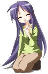  closed_eyes happy hiiragi_miki kneeling long_hair long_skirt lucky_star purple_hair rindou_(awoshakushi) socks v very_long_hair 