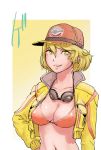  1girl blonde_hair bra breasts cidney_aurum cleavage cropped_jacket erect_nipples final_fantasy final_fantasy_xv gezuntaito green_eyes hat jacket looking_at_viewer navel open_clothes open_jacket popped_collar smile solo stomach underwear upper_body 