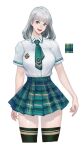  1girl blue_eyes fang green_legwear green_necktie green_neckwear green_skirt grey_hair highres instant_ip medium_hair necktie open_mouth original plaid plaid_skirt school_uniform simple_background skirt smile solo teeth tongue uniform upper_teeth white_background 